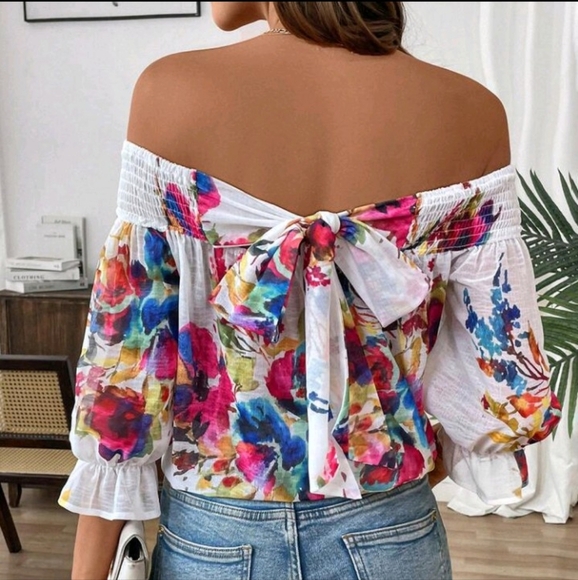 Women's Floral Print Vacation Parallel Chiffon Blouse With V-Neckline Off the To - Picture 2 of 3